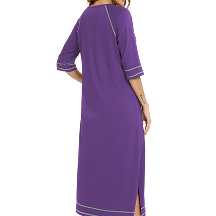 Zip Up Slit Round Neck Night Dress with Pockets - Image 12