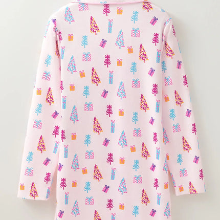 Printed Collared Neck Long Sleeve Lounge Dress - Image 4