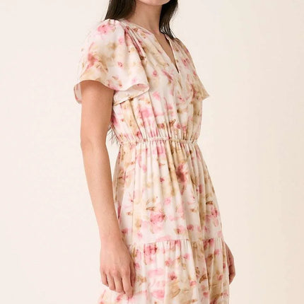 Mittoshop Flower Print Flutter Sleeve V Slit Maxi Dress - Image 2