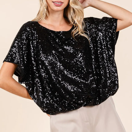 Mittoshop Sequin Short Sleeve Elastic Band Hem Top - Image 3