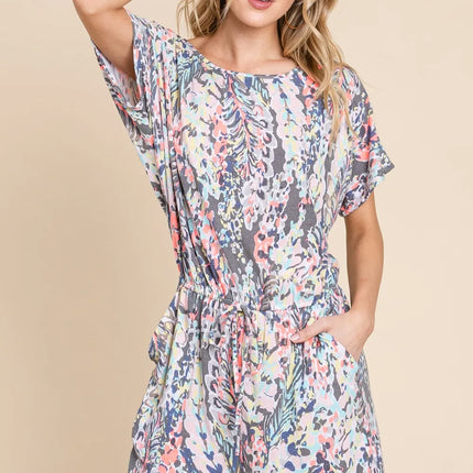 BOMBOM Printed Short Sleeve Drawstring Romper - Image 3