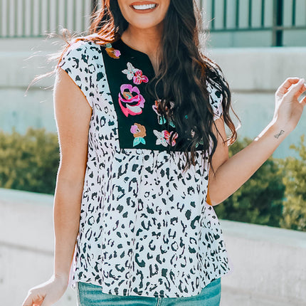 Leopard Notched Neck Short Sleeve Tee - Image 1