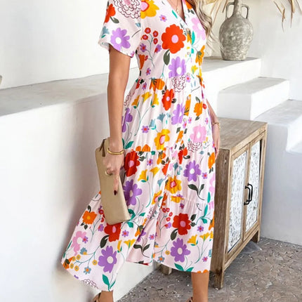 Devine Printed Johnny Collar Button Down Short Sleeve Midi Shirt Dress - Image 3