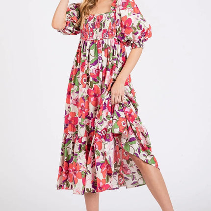 Mittoshop Flower Print Puff Sleeve Ruffle Smocked Midi Dress - Image 2