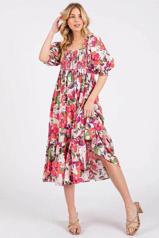 Mittoshop Flower Print Puff Sleeve Ruffle Smocked Midi Dress