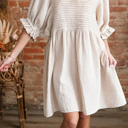 Textured Ruffled Puff Sleeve Loose Dress - Image 3