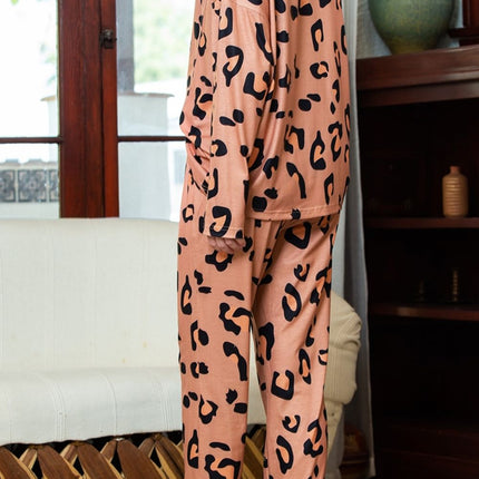 Leopard Round Neck Top and Drawstring Pants Lounge Set - Image 2