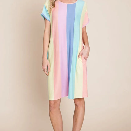 BOMBOM Striped Short Sleeve Dress with Pockets - Image 6