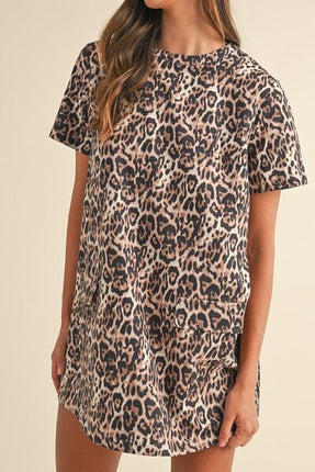 Leopard Round Neck Short Sleeve Mini Dress - Image 3