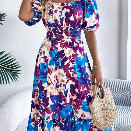 Ruffled Hem Smocked Floral Short Sleeve Midi Dress - Image 13