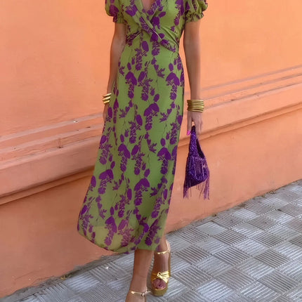 Printed Plunge Short Sleeve Midi Dress - Image 5