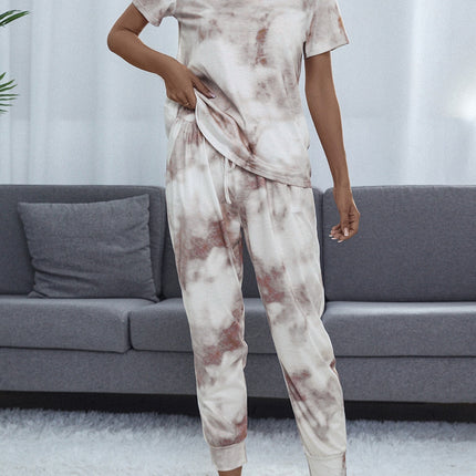 Shiny Tie-Dye Round Neck Short Sleeve Top and Pants Lounge Set - Image 1