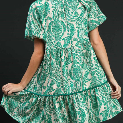 Umgee Full Size Printed Notched Puff Sleeve Mini Dress Plus Size - Image 2