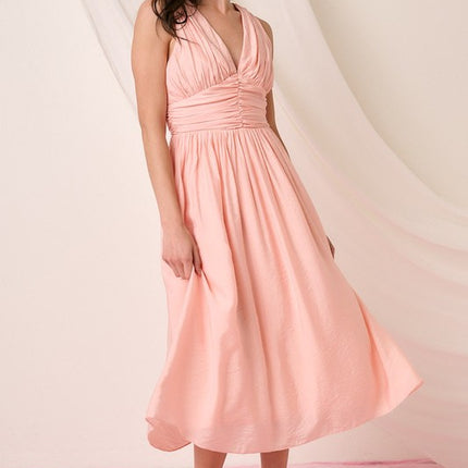 Mittoshop Ruched V-Neck Sleeveless Midi Dress - Image 1