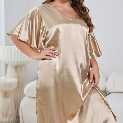 Plus Size Flutter Sleeve V-Neck Side Slit Night Gown - Image 5
