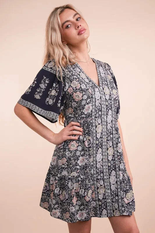 VERY J Shirring Detail Printed Woven Mini Dress
