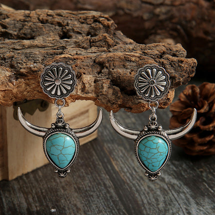 Artificial Turquoise Alloy Cow Head Earrings - Image 4