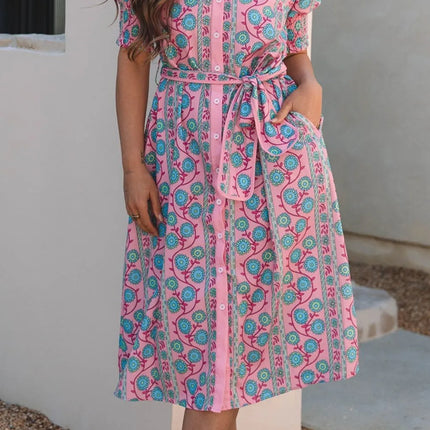 Printed Shirred Sleeve Buttoned Front Midi Dress with Sash - Image 3