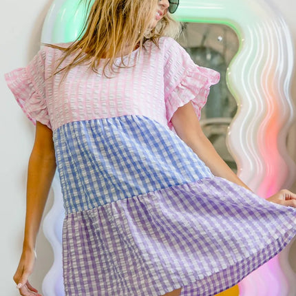 BiBi Plaid Color Block Tiered Top - Image 1