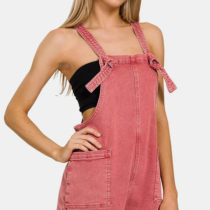 Zenana Washed Knot Strap Rompers - Image 1