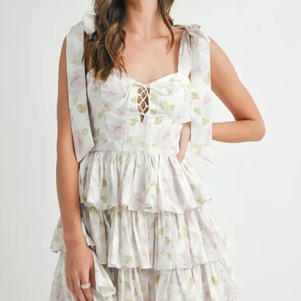 MABLE Floral Print Shoulder Tie Layered Mini Dress - Image 3