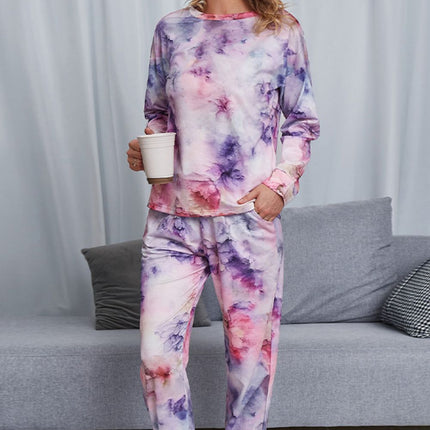 Shiny Tie-Dye Crewneck Top and Drawstring Waist Joggers Lounge Set - Image 14
