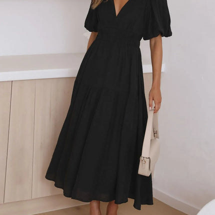 V-Neck Puff Sleeve Midi Dress - Image 15