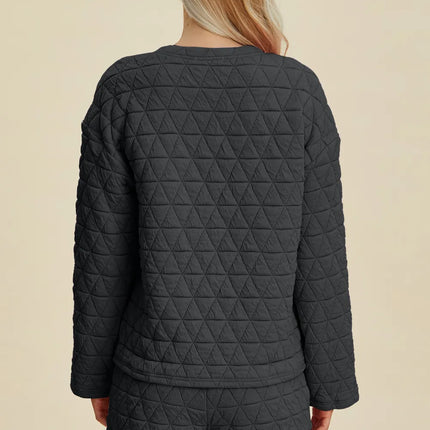 Double Take Full Size Texture Round Neck Long Sleeve Top and Shorts Set - Image 11