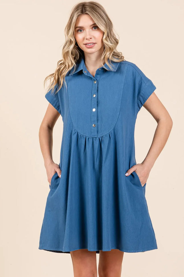 Mittoshop Twill Short Sleeve Collared Mini Dress