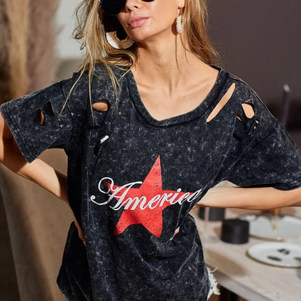 BiBi Laser Cut Mineral Washed Jersey Top with  America - Image 7