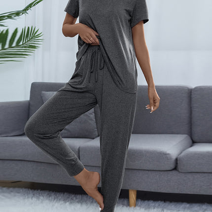 Shiny Round Neck Short Sleeve Top and Pants Set - Image 13