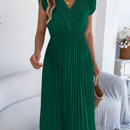 Lace Detail Ruffled Cap Sleeve Pleated Dress - Image 10