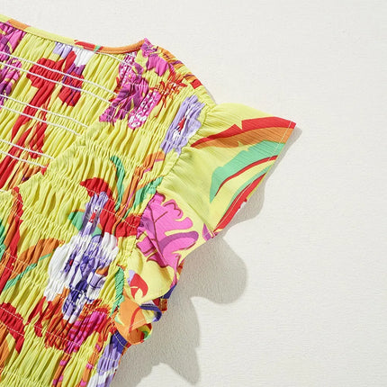 Cheetah Plant Print Shirred Button V Neck Maxi Dress - Image 10