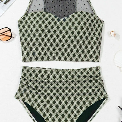 Dotted Mesh Plaid Patchwork High Waisted Swim Set - Image 8