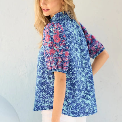 Hailey & Co Embroidered Puff Sleeve Printed Blouse - Image 2