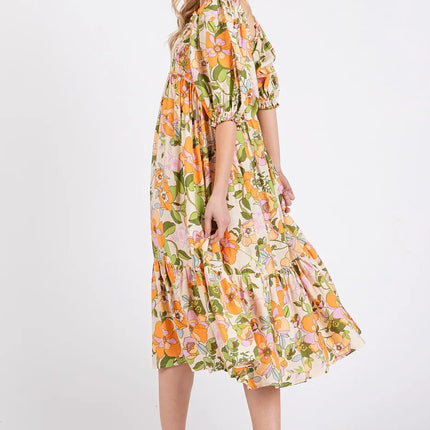 Mittoshop Flower Print Puff Sleeve Ruffle Smocked Midi Dress - Image 4