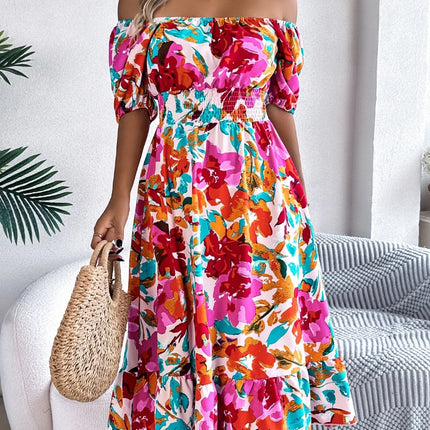Ruffled Hem Smocked Floral Short Sleeve Midi Dress - Image 2