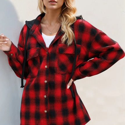 Double Take Drawstring Plaid Long Sleeve Hooded Shacket - Image 4