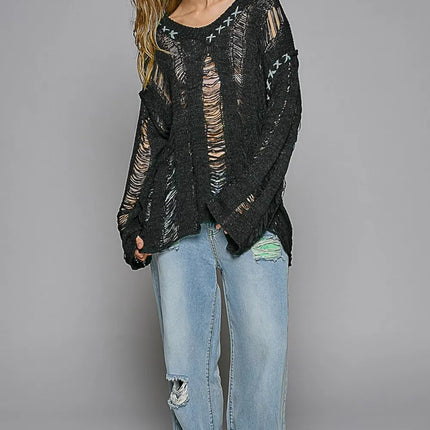 POL Distressed Dropped Shoulder Long Sleeve Knit Top - Image 1