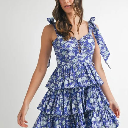 MABLE Floral Print Shoulder Tie Layered Mini Dress - Image 2