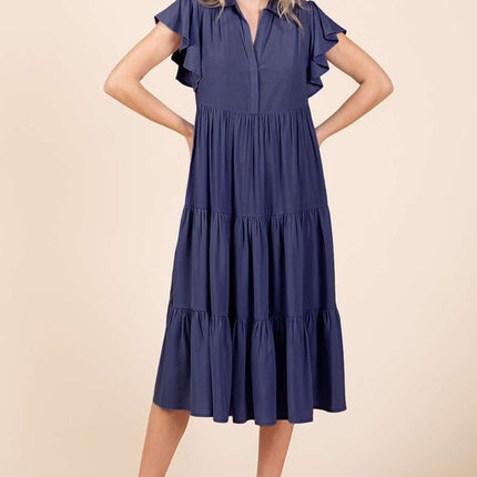Mittoshop Ruffle Sleeve Collared V Neck Tiered Midi Dress - Image 2