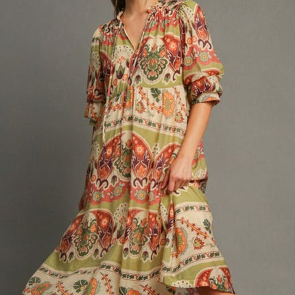 Umgee Full Size Tiered Border Print Midi Dress Plus Size - Image 1