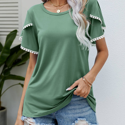 Pom-Pom Trim Flutter Sleeve Round Neck Tee - Image 18