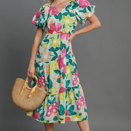 Umgee Full Size Tiered Floral Print Notched Puff Sleeve Midi Dress Plus Size - Image 1