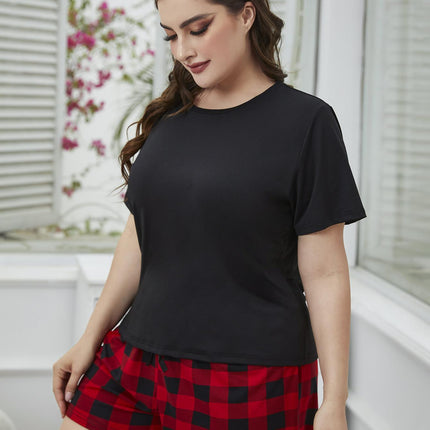 Plus Size Round Neck Tee Shirt and Plaid Shorts Lounge Set - Image 5