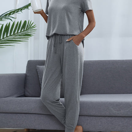 Shiny Round Neck Short Sleeve Top and Pants Set - Image 19