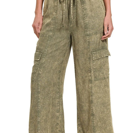 Zenana Washed Linen Elastic Band Waist Cargo Pants - Image 1