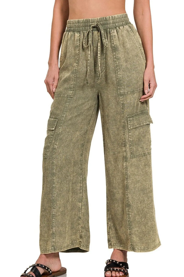 Zenana Washed Linen Elastic Band Waist Cargo Pants