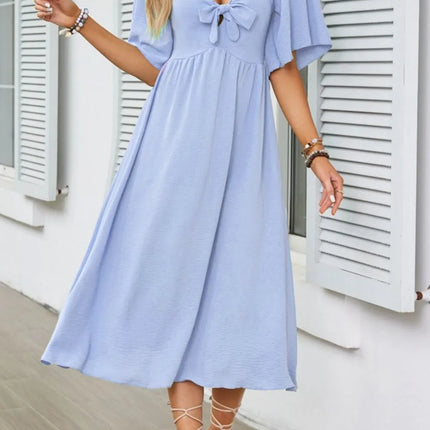 Smocked Tie Front Flutter Sleeve Midi Dress - Image 7