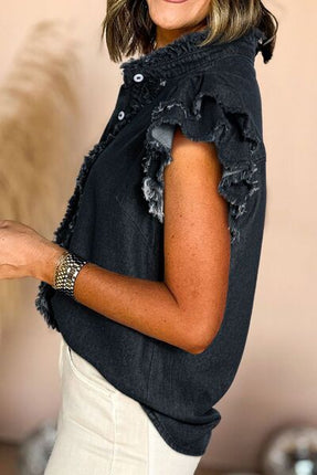 Button Down Raw Hem Ruffled Denim Shirt - Image 11